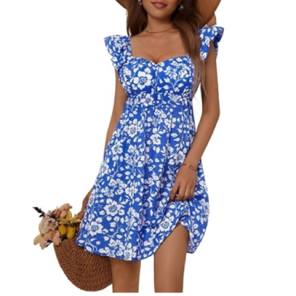 New Floral Sweetheart Neck Ruffle Cotton Mini Pockets A Line Flowy Beach Dress S